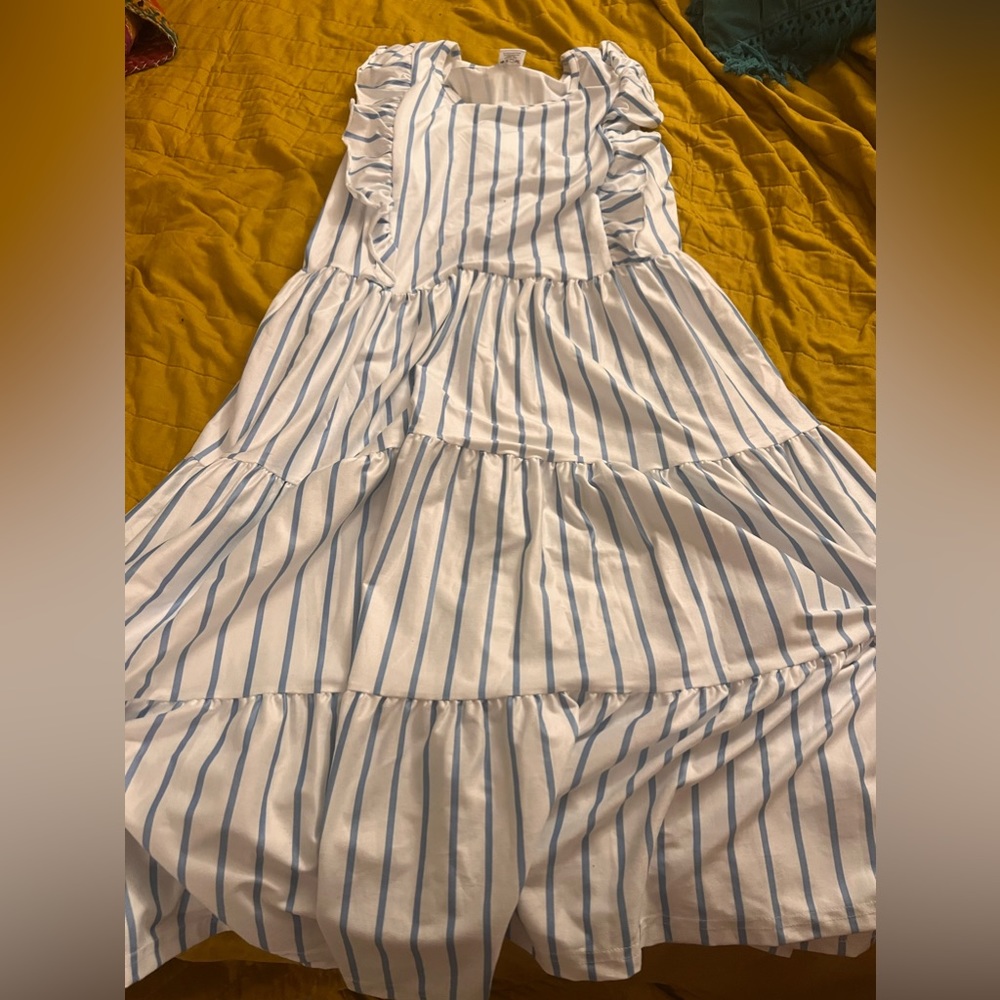 Cotton pinstripe sundress with ruffles and back tie. Sz lg